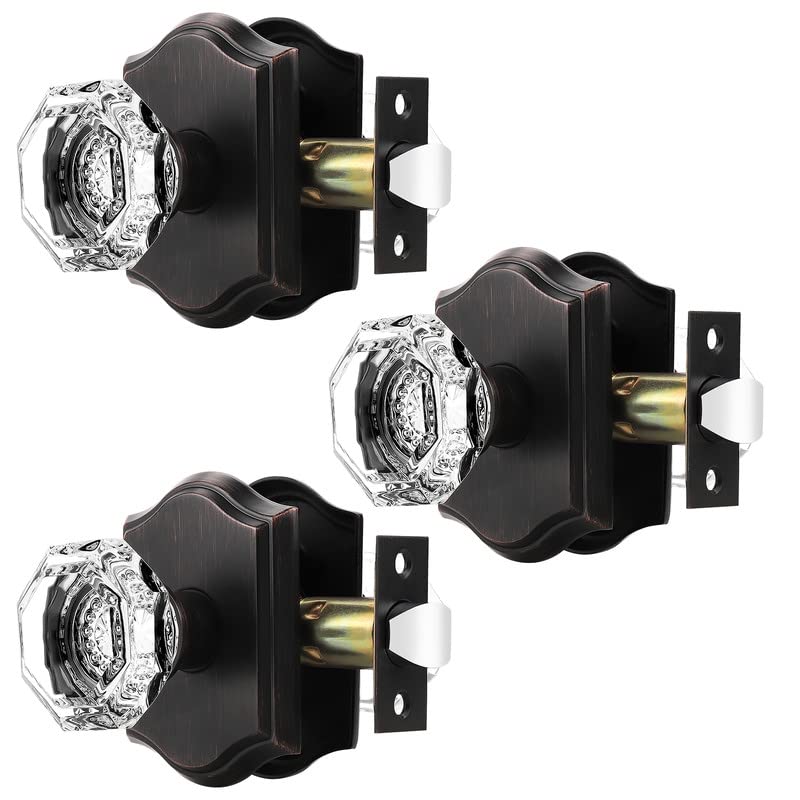 Orger Passage Door Knobs for Hallway and Closet, Glass Door Handles with Non-Locking Latch, Octagonal Clear Crystal Door Knobs 3 Pack, Oil Rubbed Bronze Vintage Rosette with Heavy Duty Crystal - Image 1